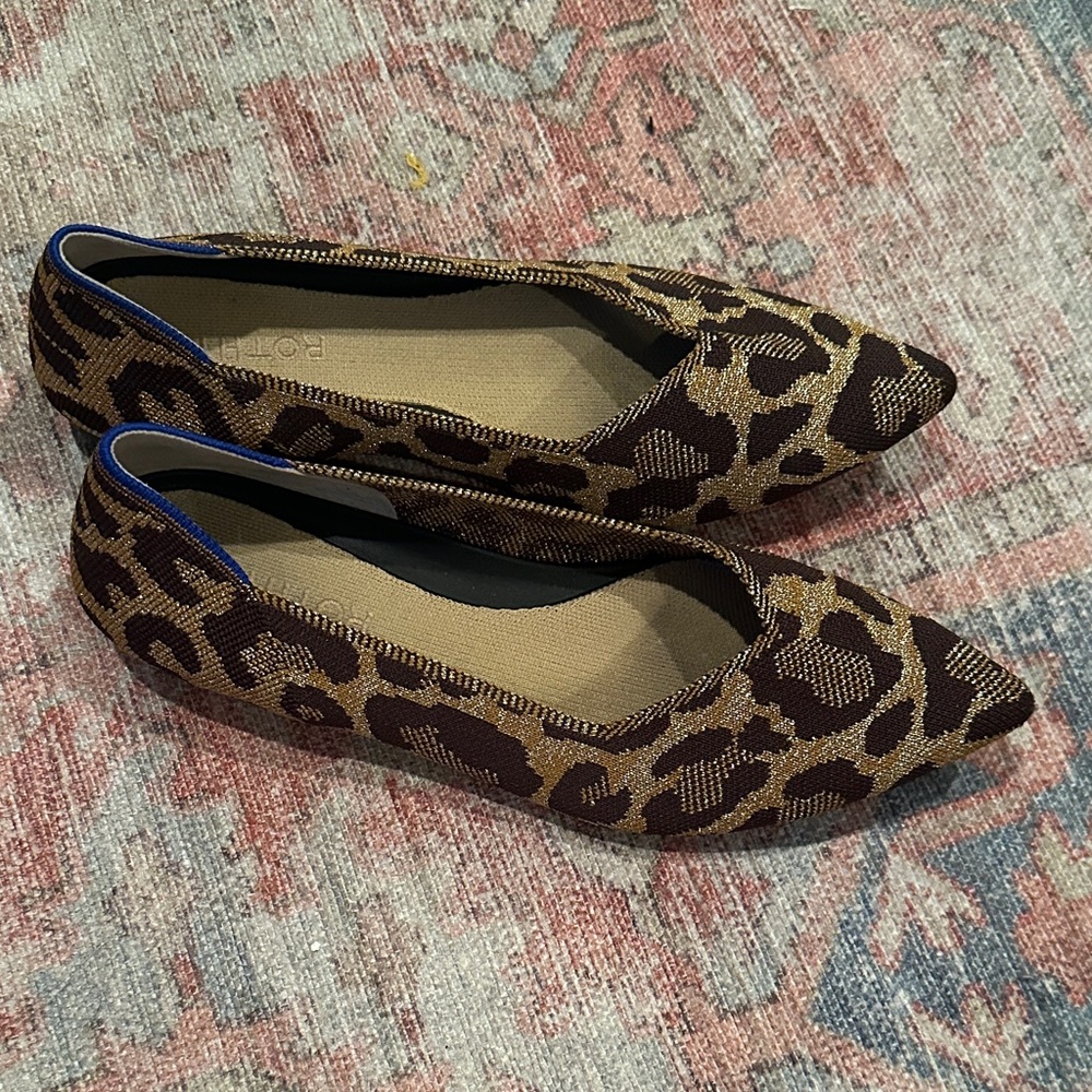Rothy’s Metallic Gold and Brown Leopard Print Women's Pointed Toe Flats 7.5